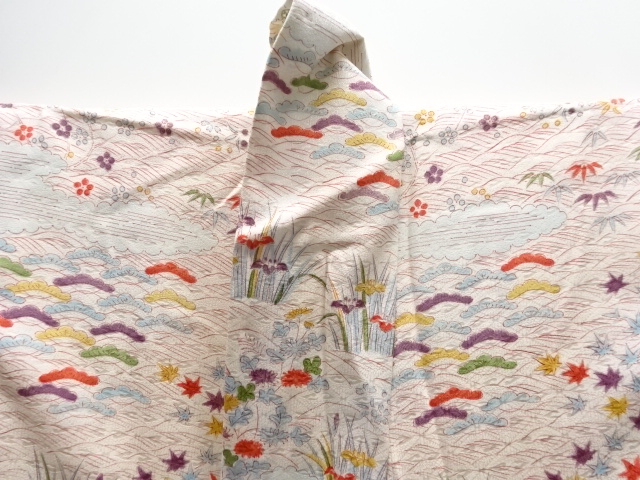  波に草花模様付け下げ小紋着物